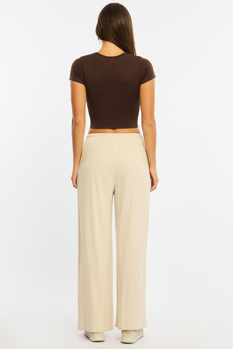 Beige Wide Leg Pants Linen Blend for Ally Fashion