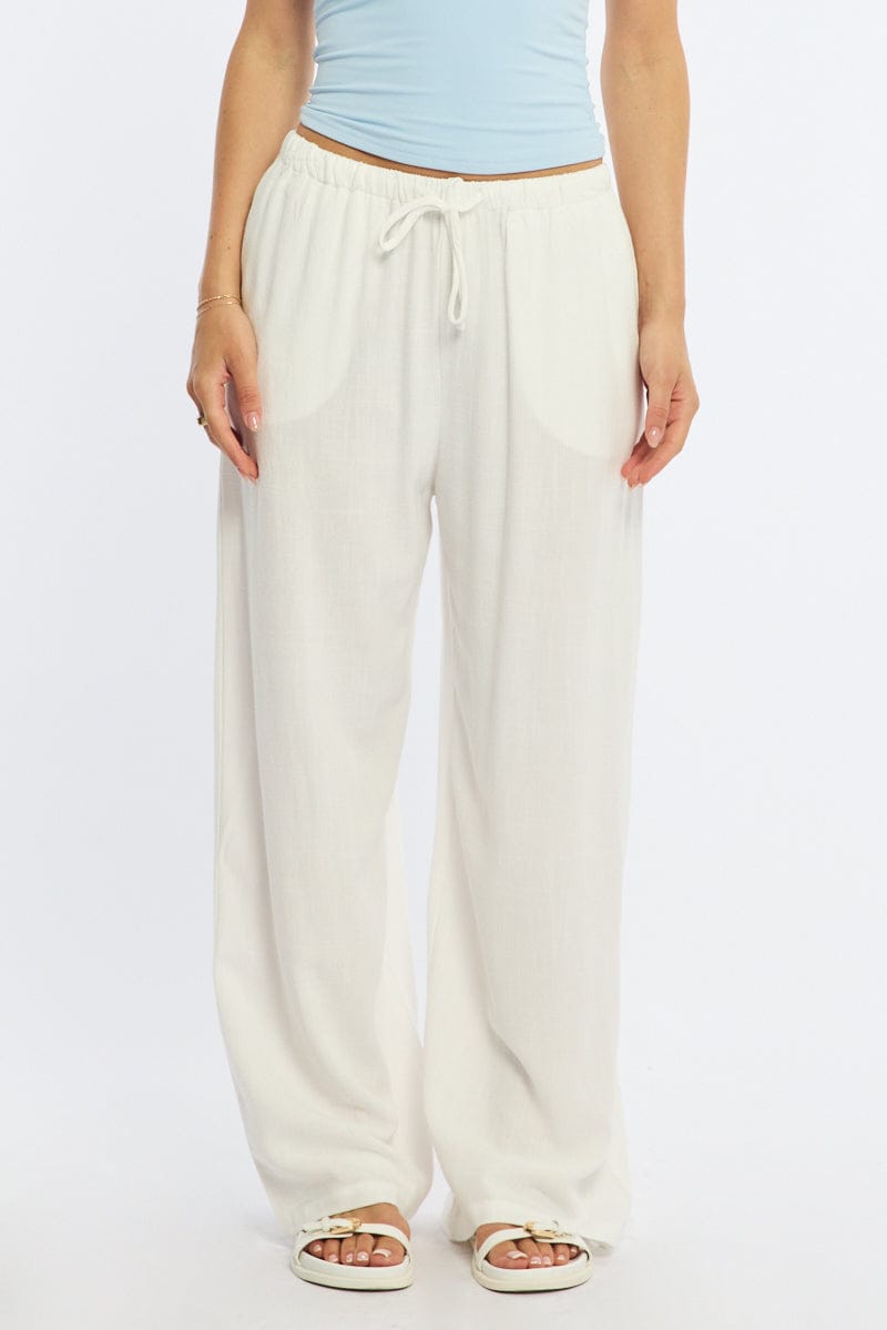 White Wide Leg Pants Linen Blend for Ally Fashion