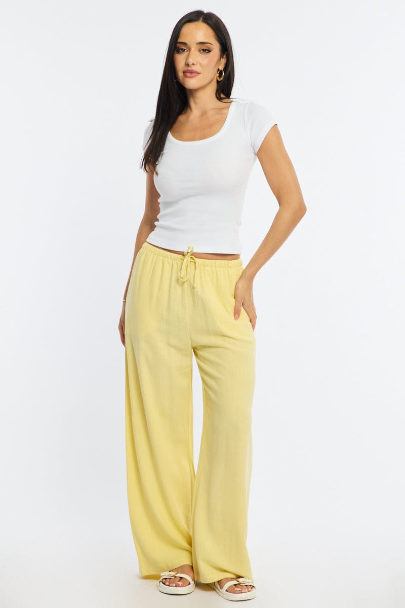 Yellow Wide Leg Pants Linen Blend for Ally Fashion