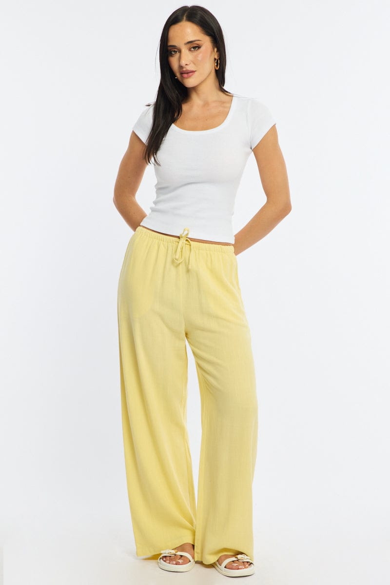 Yellow Wide Leg Pants Linen Blend for Ally Fashion