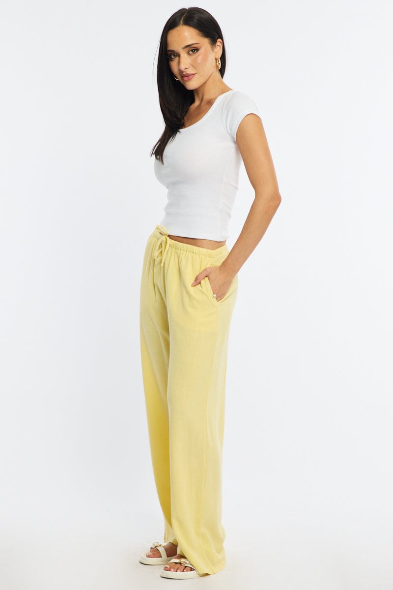 Yellow Wide Leg Pants Linen Blend for Ally Fashion