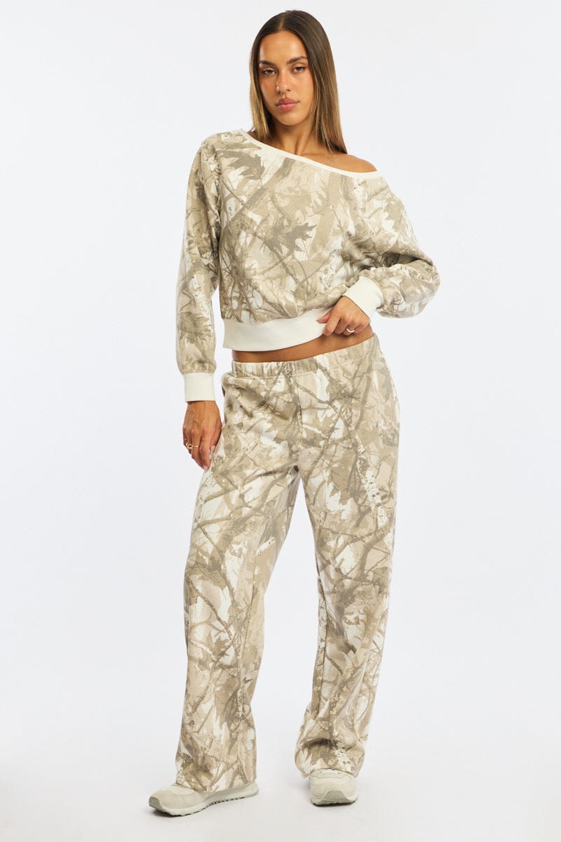 Green Print Track Pants Wide Leg for Ally Fashion