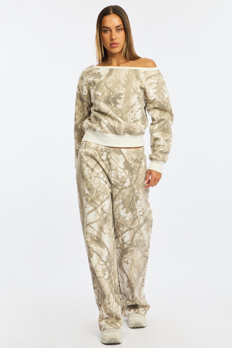Green Print Track Pants Wide Leg for Ally Fashion
