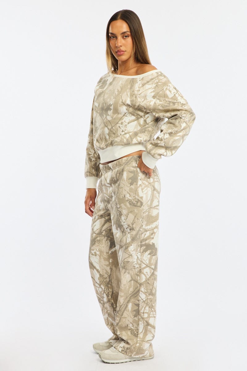 Green Print Track Pants Wide Leg for Ally Fashion