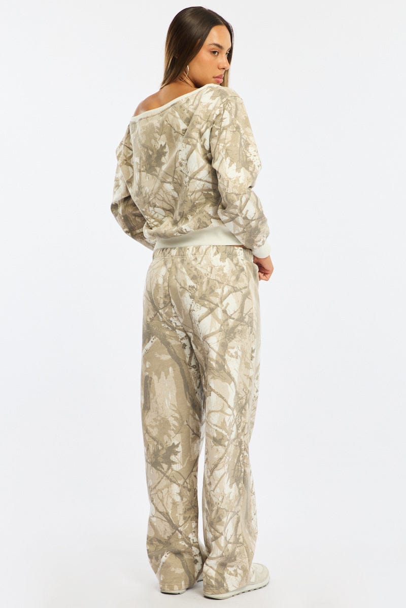 Green Print Track Pants Wide Leg for Ally Fashion