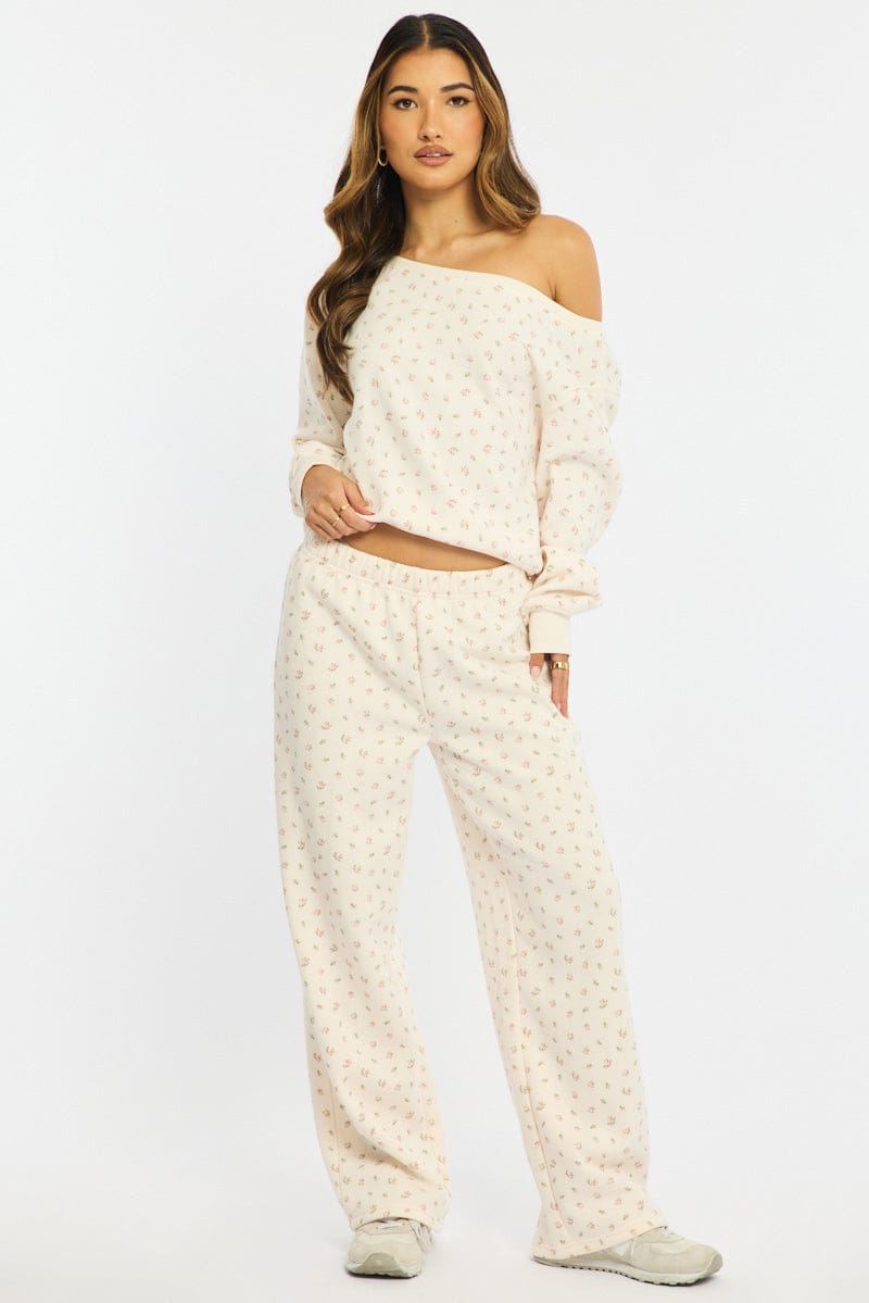 White Ditsy Track Pants Wide Leg for Ally Fashion