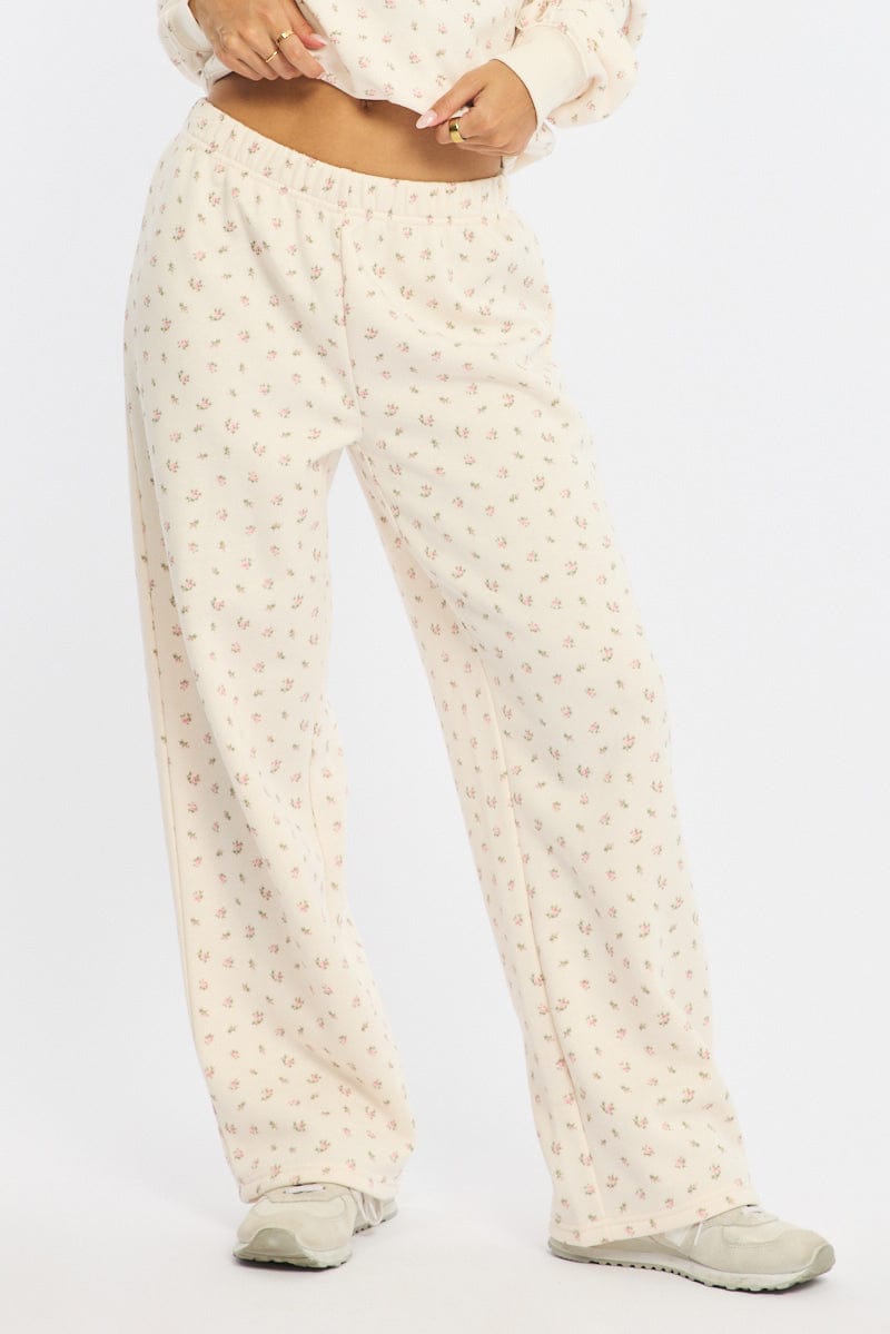 White Ditsy Track Pants Wide Leg for Ally Fashion