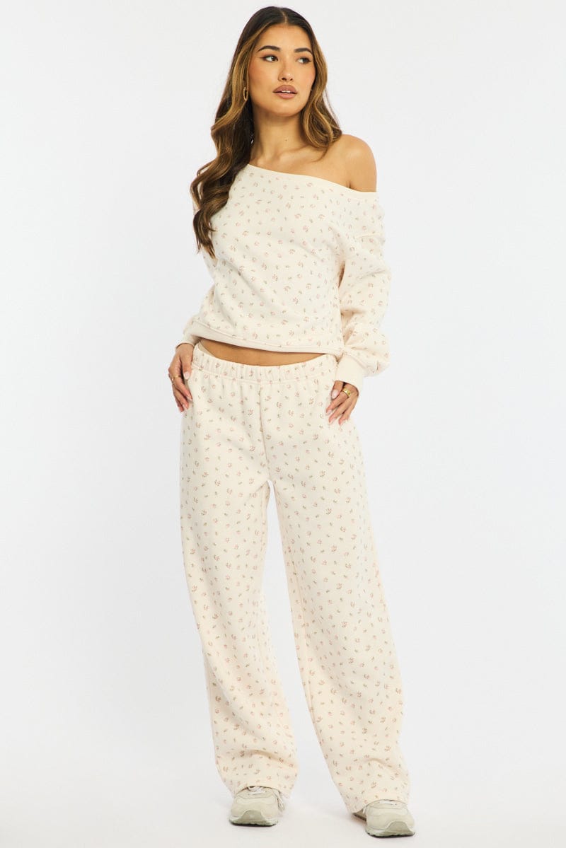 White Ditsy Track Pants Wide Leg for Ally Fashion