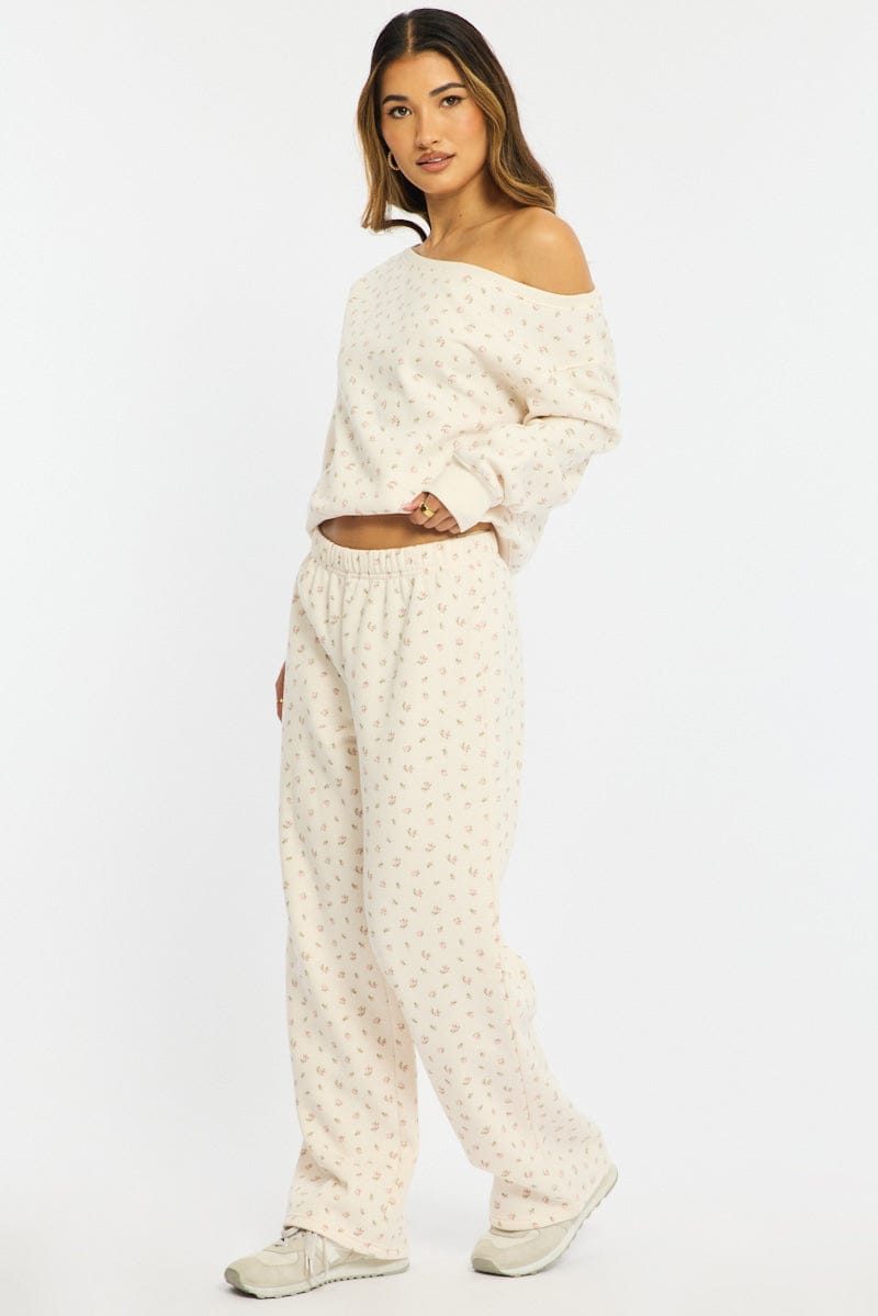 White Ditsy Track Pants Wide Leg for Ally Fashion