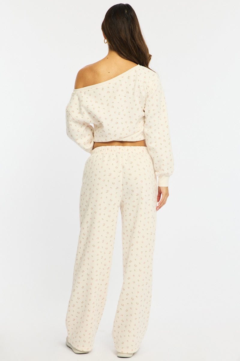 White Ditsy Track Pants Wide Leg for Ally Fashion