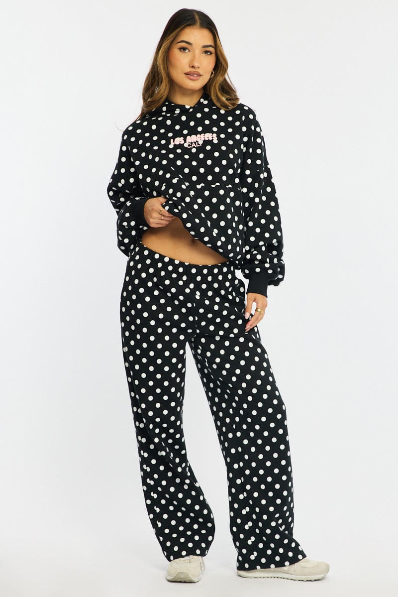 Black Polka Dot Track Pants Wide Leg for Ally Fashion