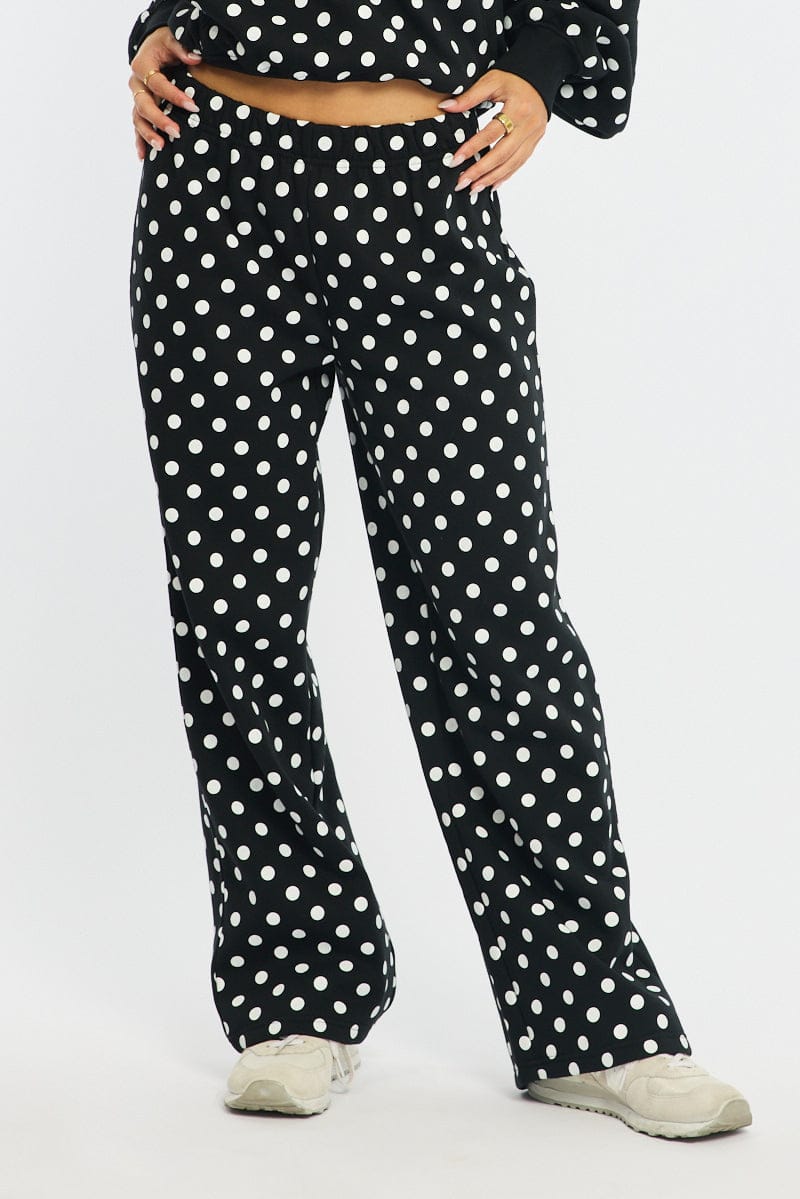 Black Polka Dot Track Pants Wide Leg for Ally Fashion