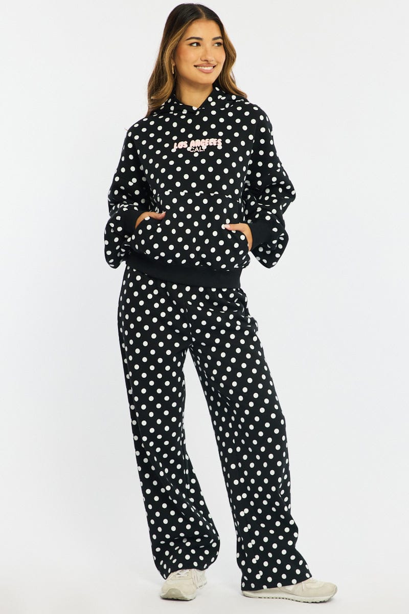 Black Polka Dot Track Pants Wide Leg for Ally Fashion