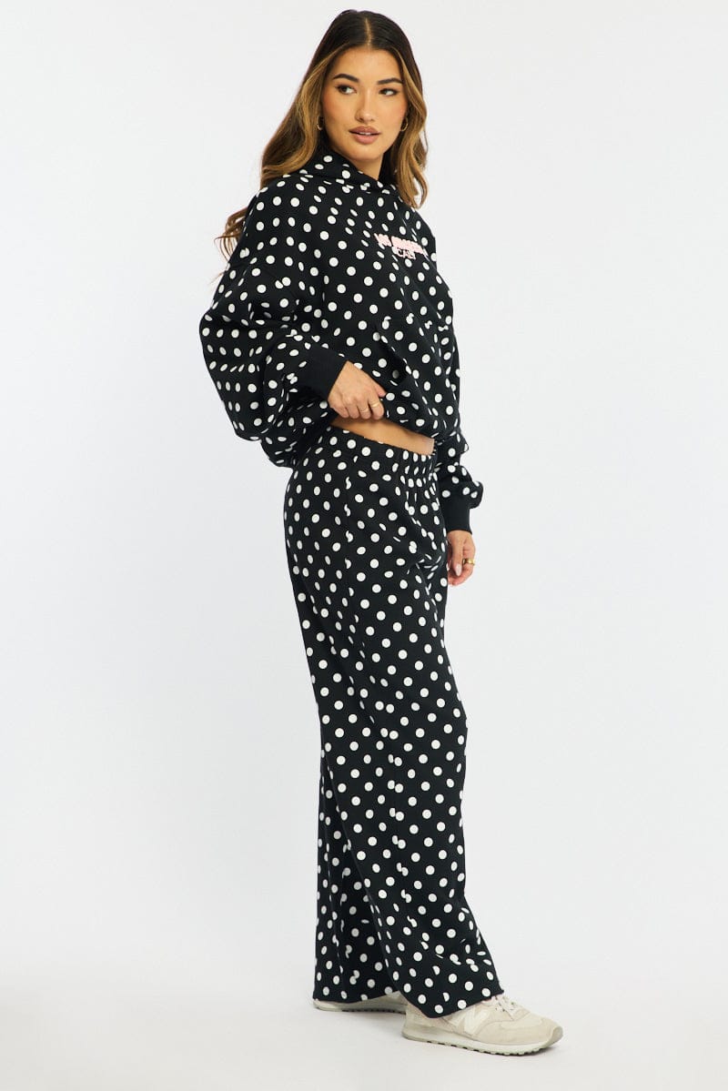 Black Polka Dot Track Pants Wide Leg for Ally Fashion