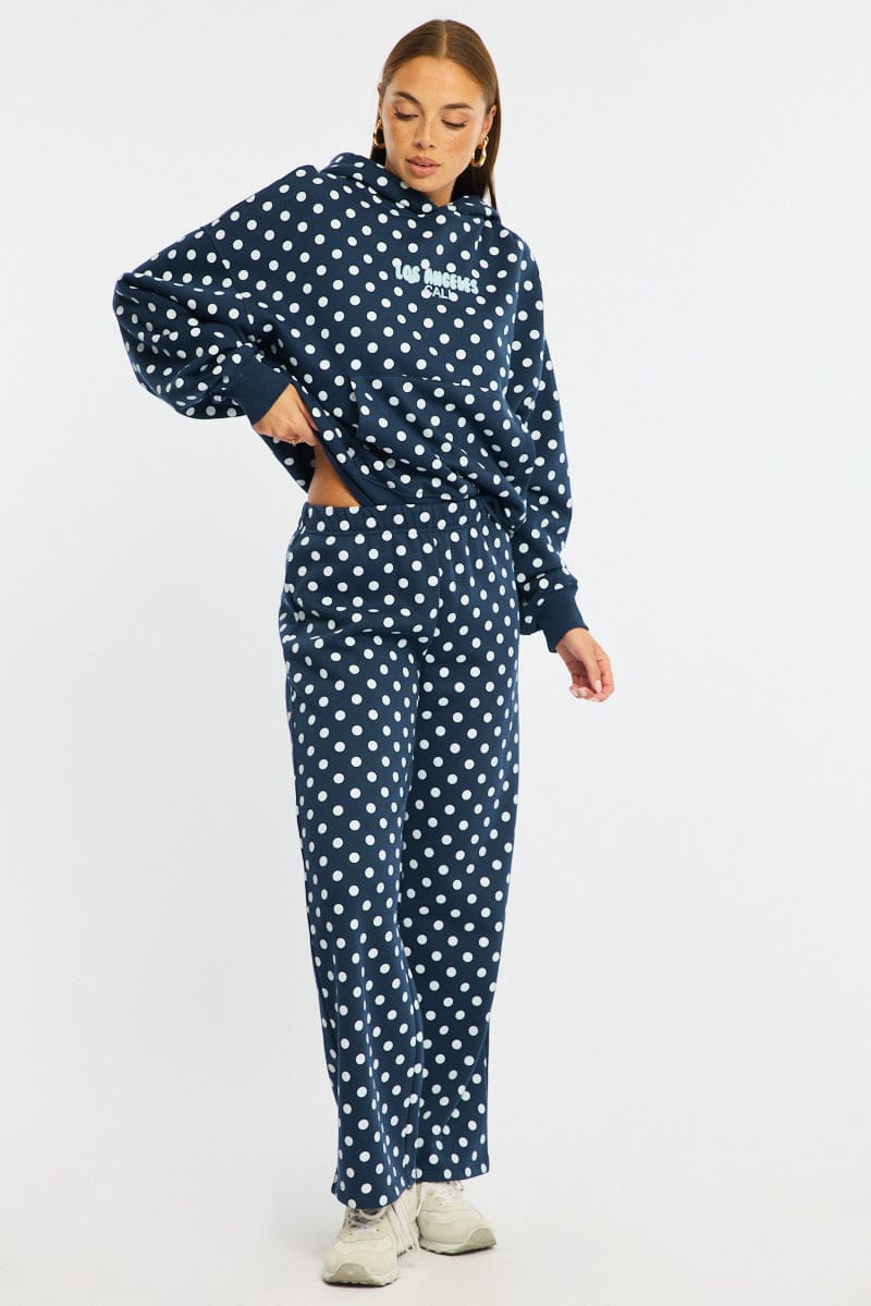 Blue Polka Dot Track Pants Wide Leg for Ally Fashion