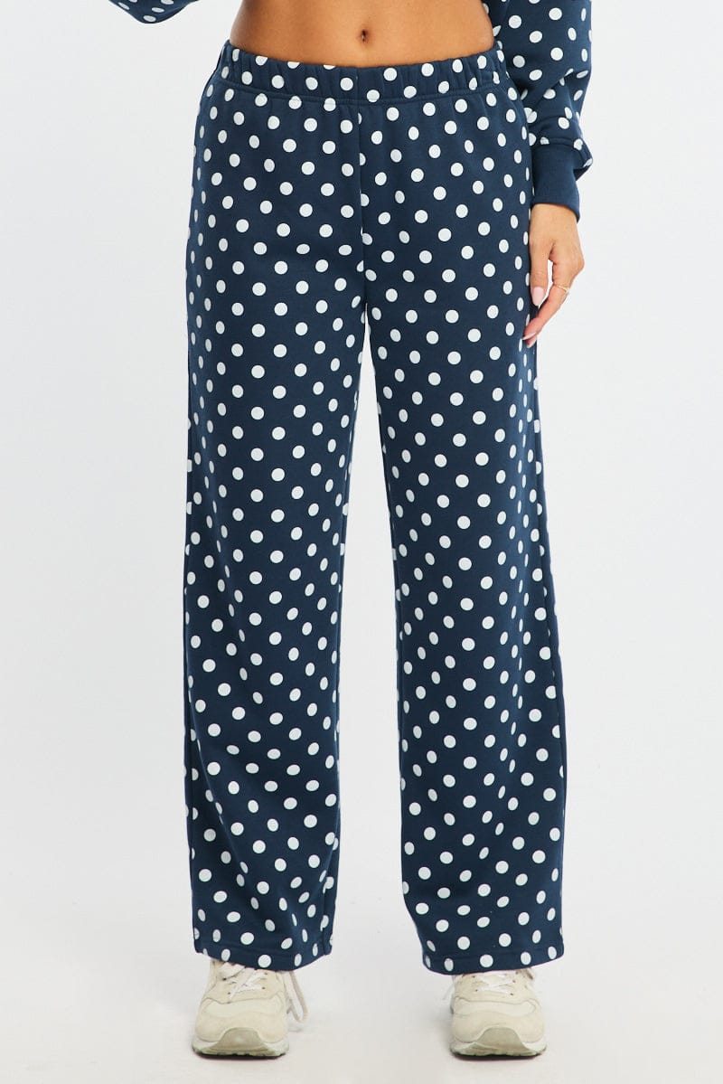 Blue Polka Dot Track Pants Wide Leg for Ally Fashion