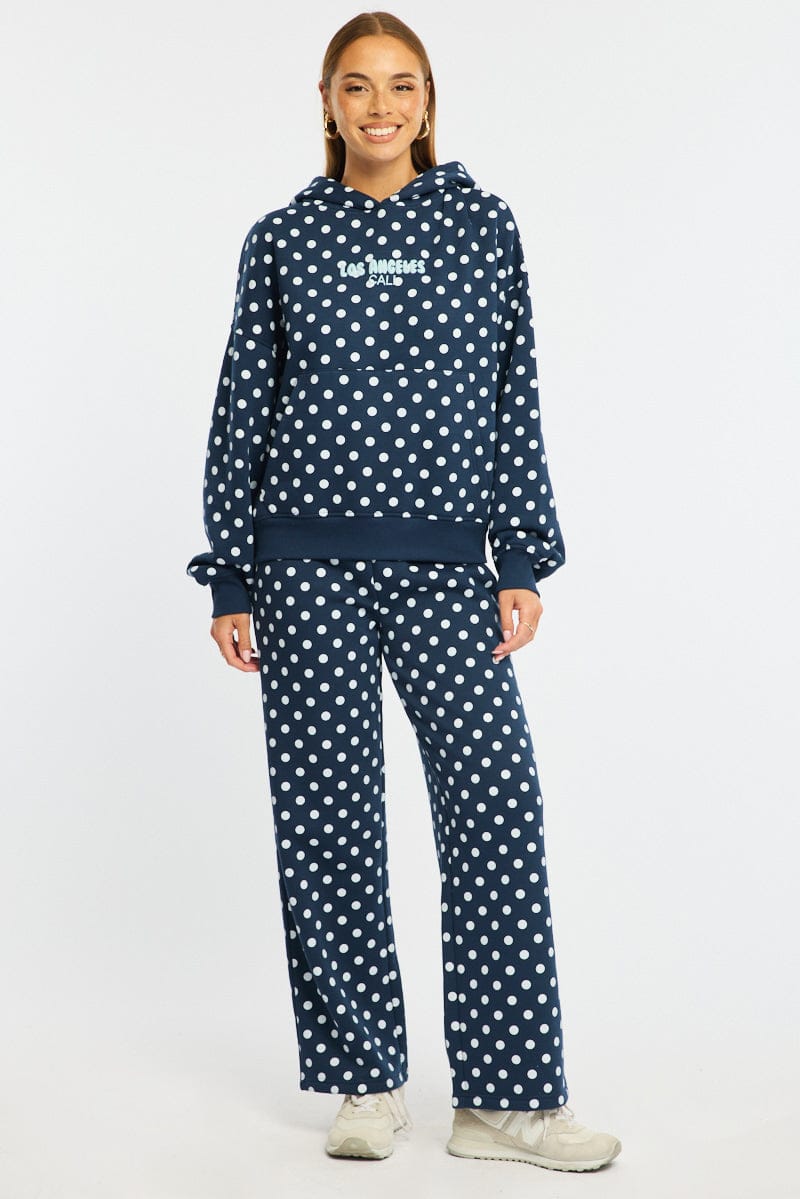 Blue Polka Dot Track Pants Wide Leg for Ally Fashion