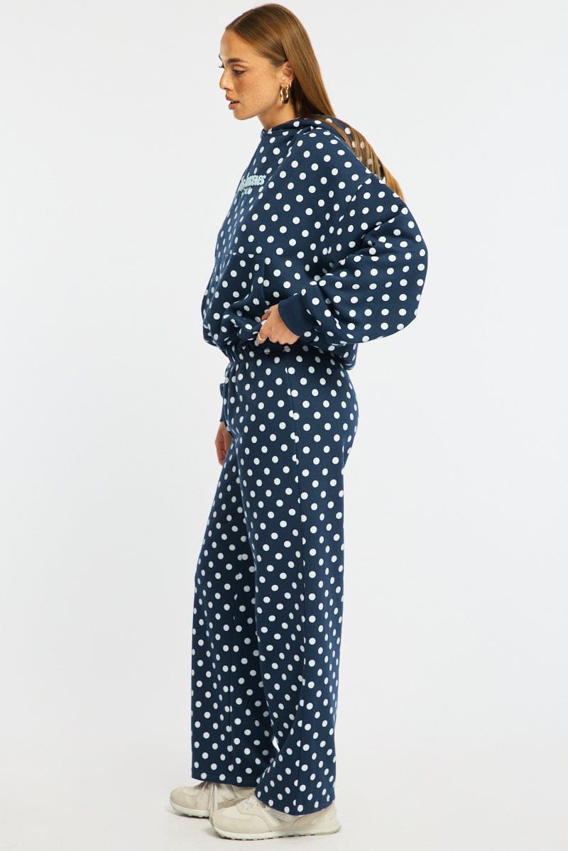 Blue Polka Dot Track Pants Wide Leg for Ally Fashion