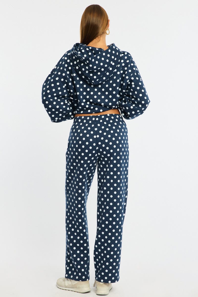 Blue Polka Dot Track Pants Wide Leg for Ally Fashion