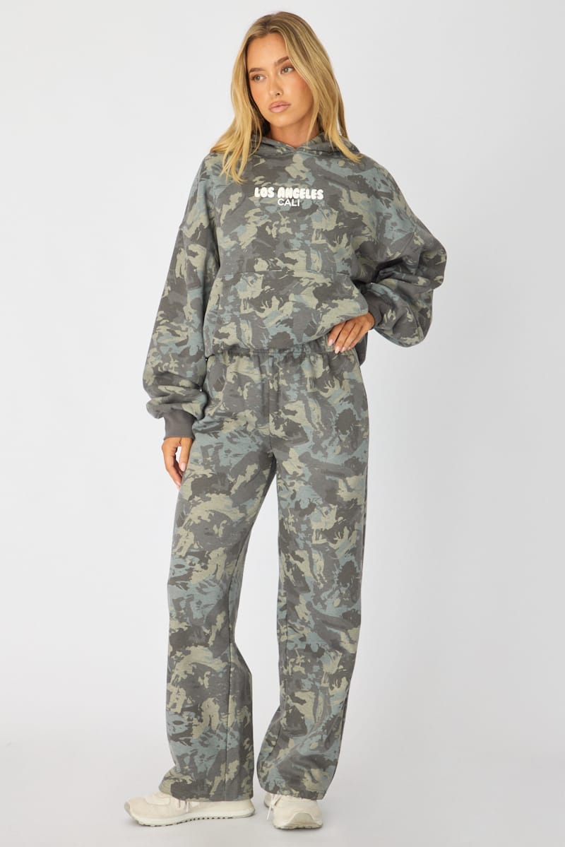 Green Print Track Pants Wide Leg for Ally Fashion