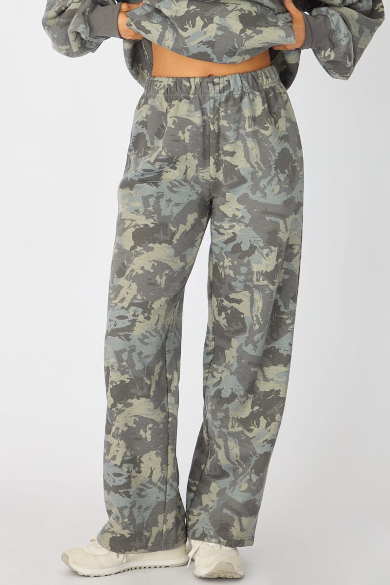 Green Print Track Pants Wide Leg for Ally Fashion