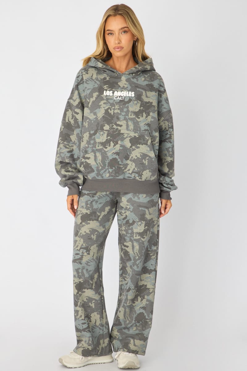Green Print Track Pants Wide Leg for Ally Fashion