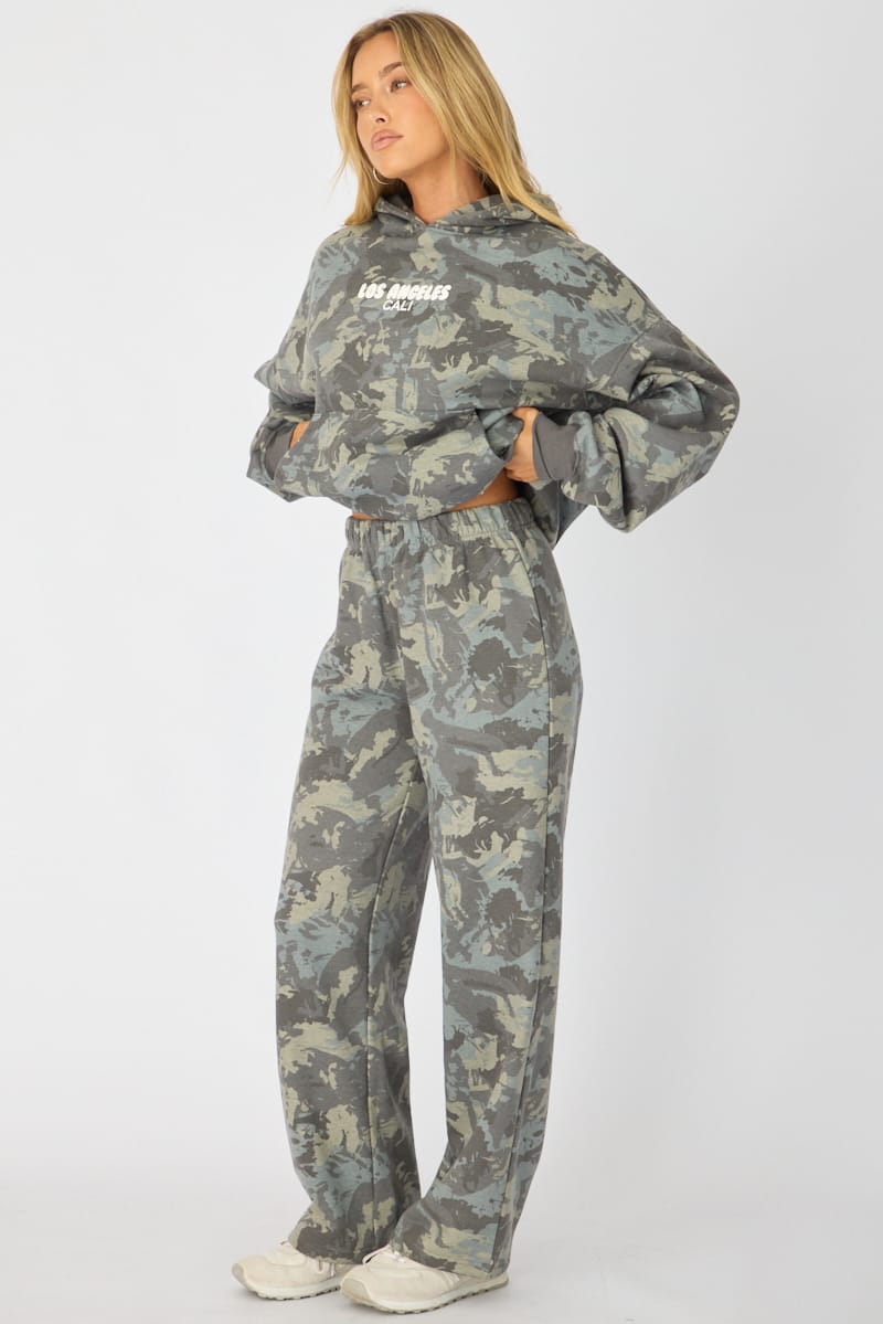 Green Print Track Pants Wide Leg for Ally Fashion