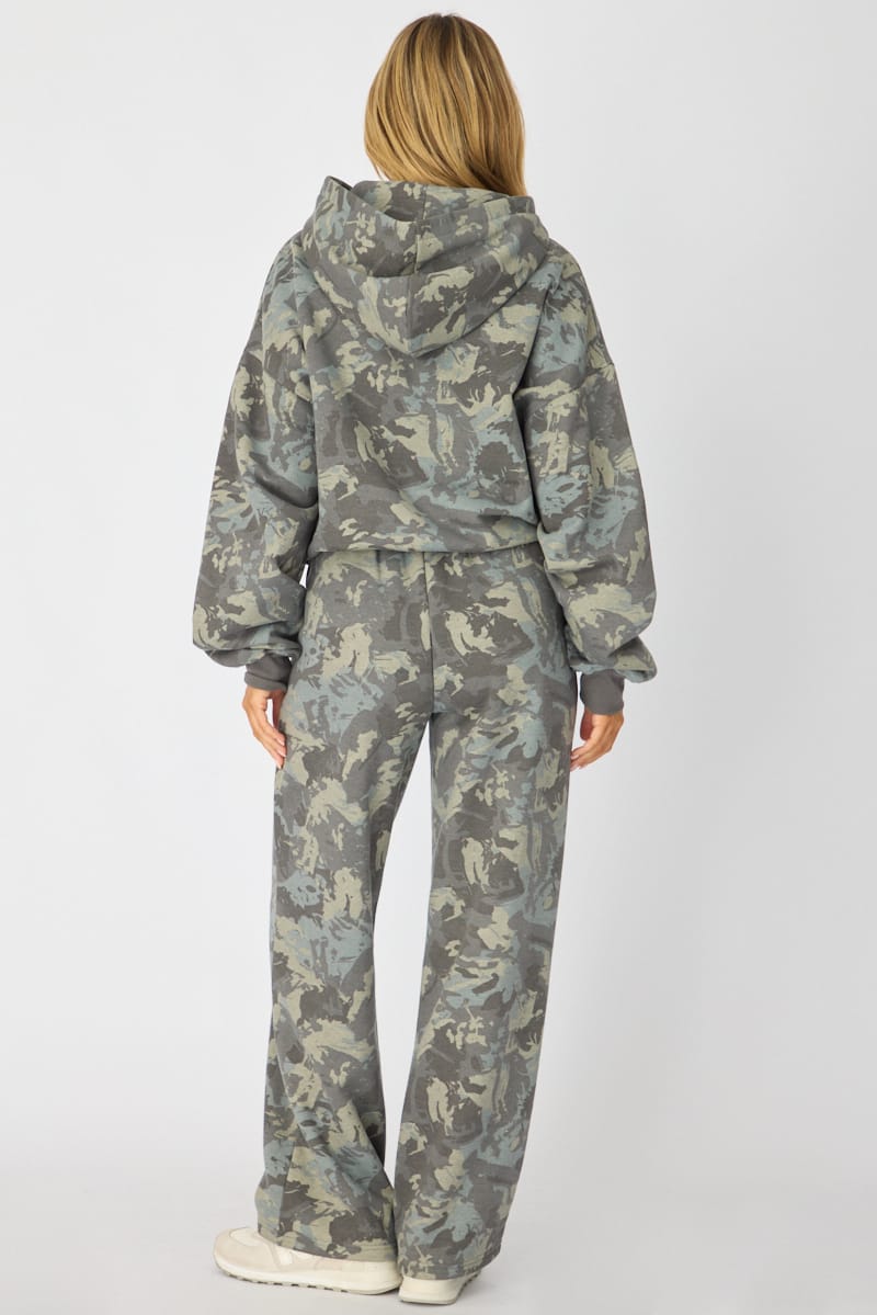 Green Print Track Pants Wide Leg for Ally Fashion