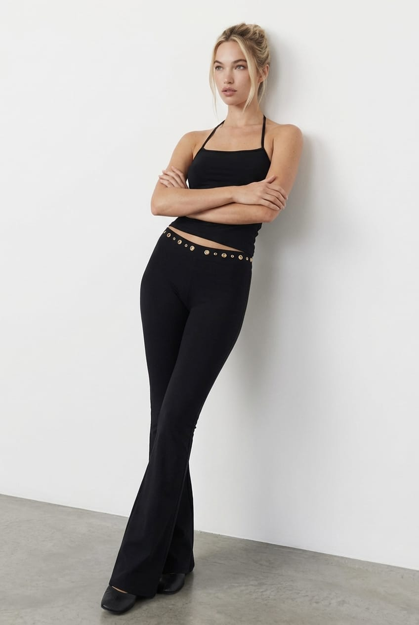 Black Flare Leg Pants Stud Waist for Ally Fashion