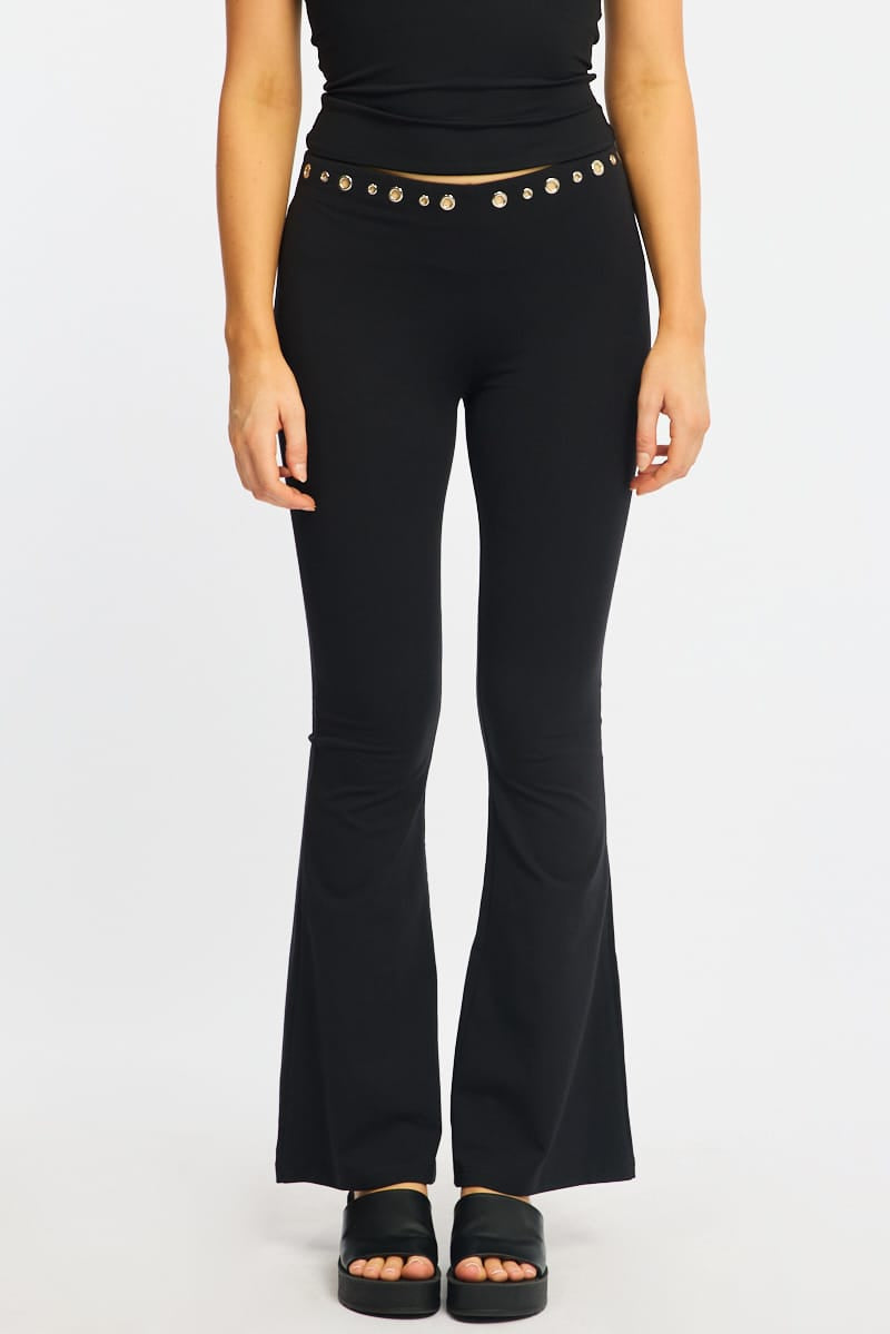 Black Flare Leg Pants Stud Waist for Ally Fashion