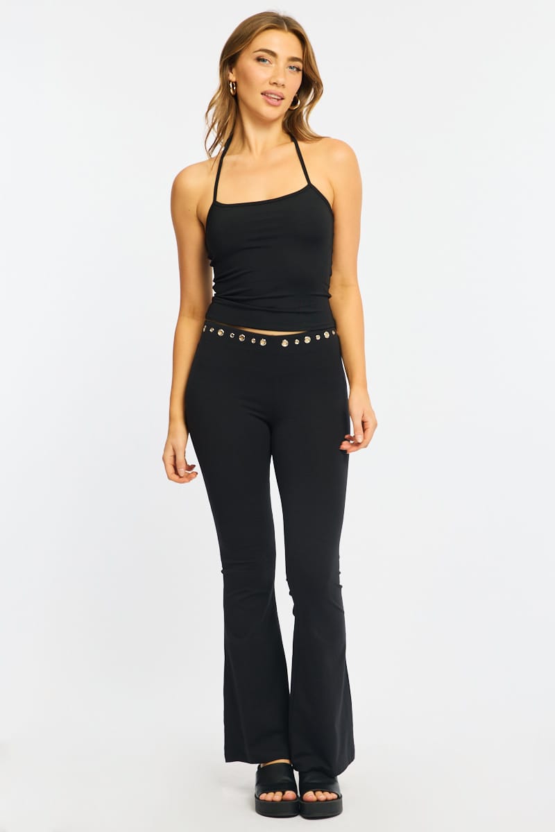 Black Flare Leg Pants Stud Waist for Ally Fashion