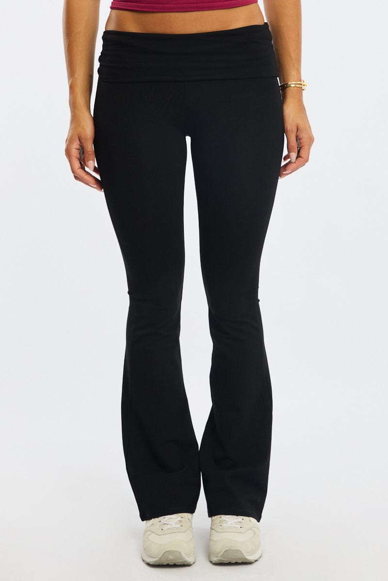 Black Flare Leg Pants Folded Waist for Ally Fashion