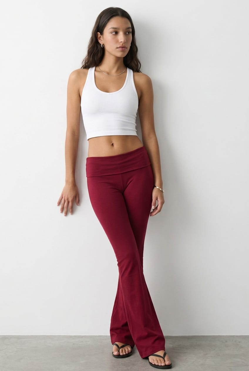Red Flare Leg Pants Folded Waist for Ally Fashion