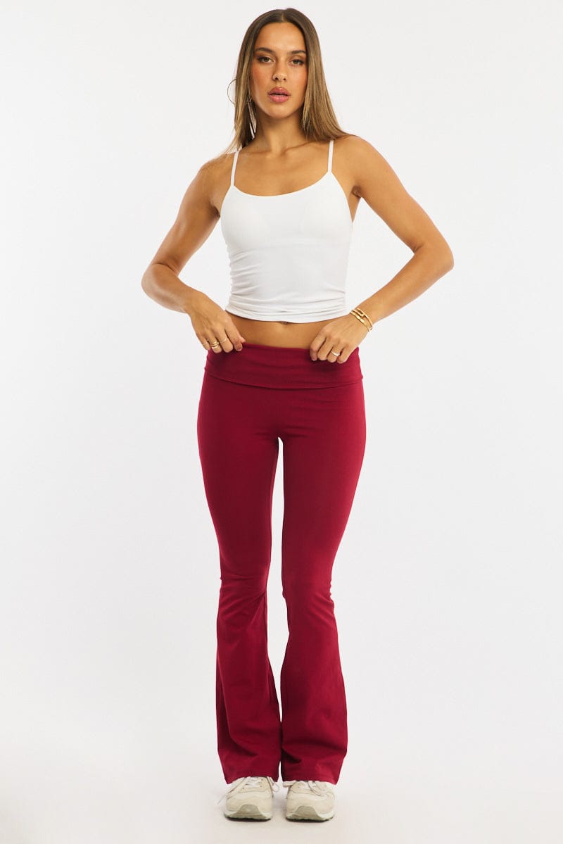 Red Flare Leg Pants Folded Waist for Ally Fashion