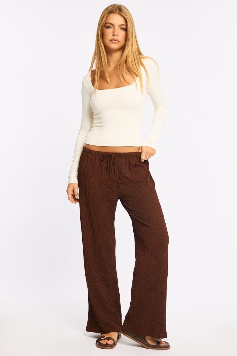 Brown Wide Leg Pants Elasticated Waist for Ally Fashion