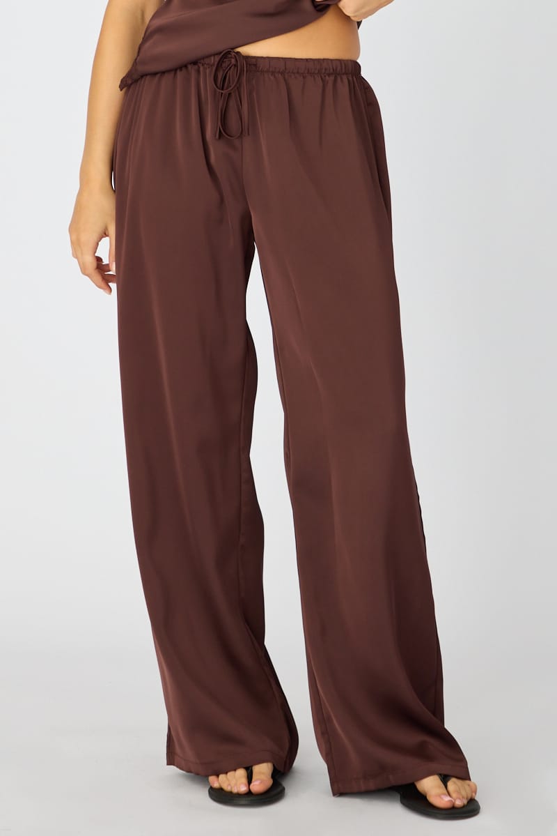 Brown Wide Leg Pants Elasticated Waist Satin for Ally Fashion