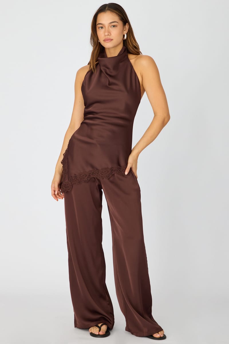Brown Wide Leg Pants Elasticated Waist Satin for Ally Fashion