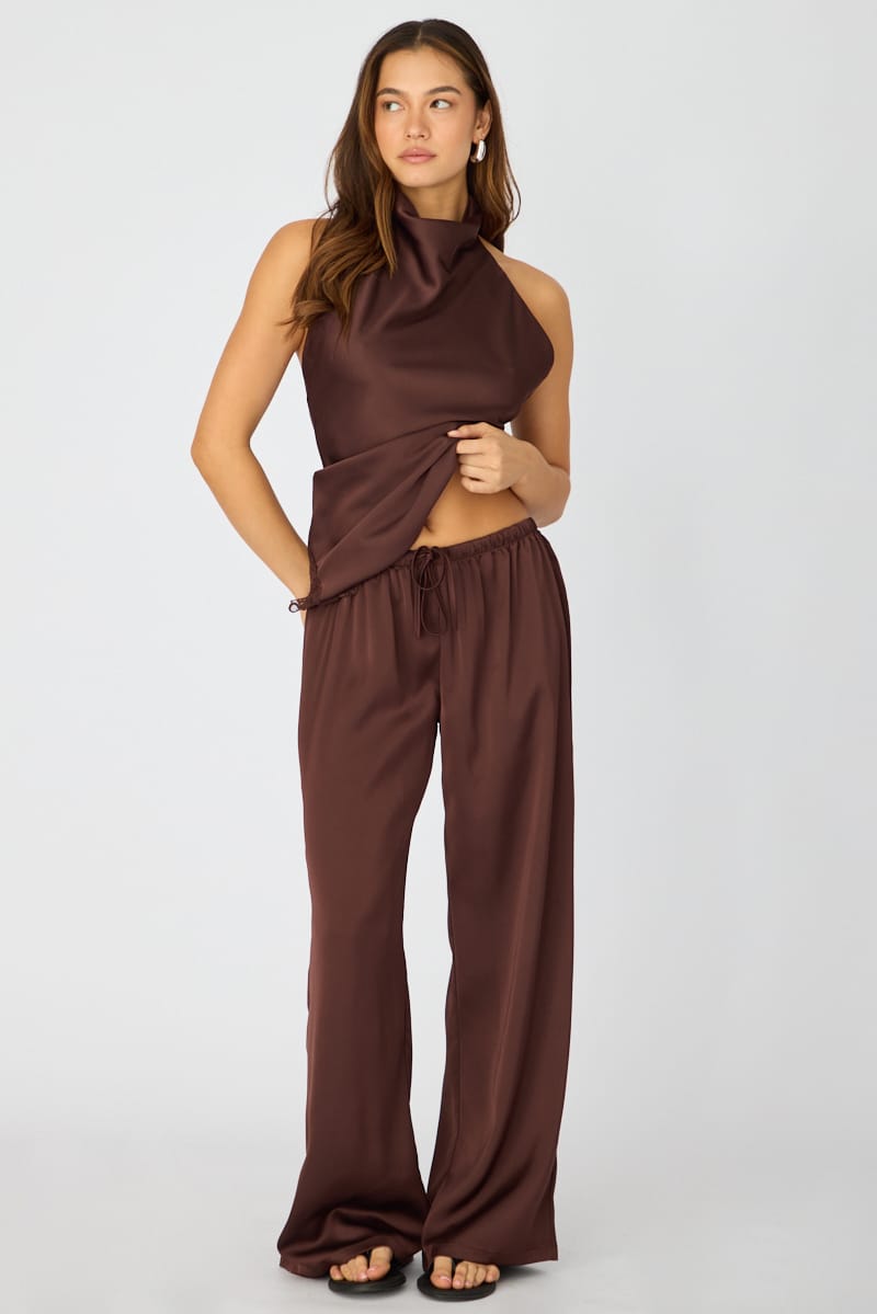 Brown Wide Leg Pants Elasticated Waist Satin for Ally Fashion