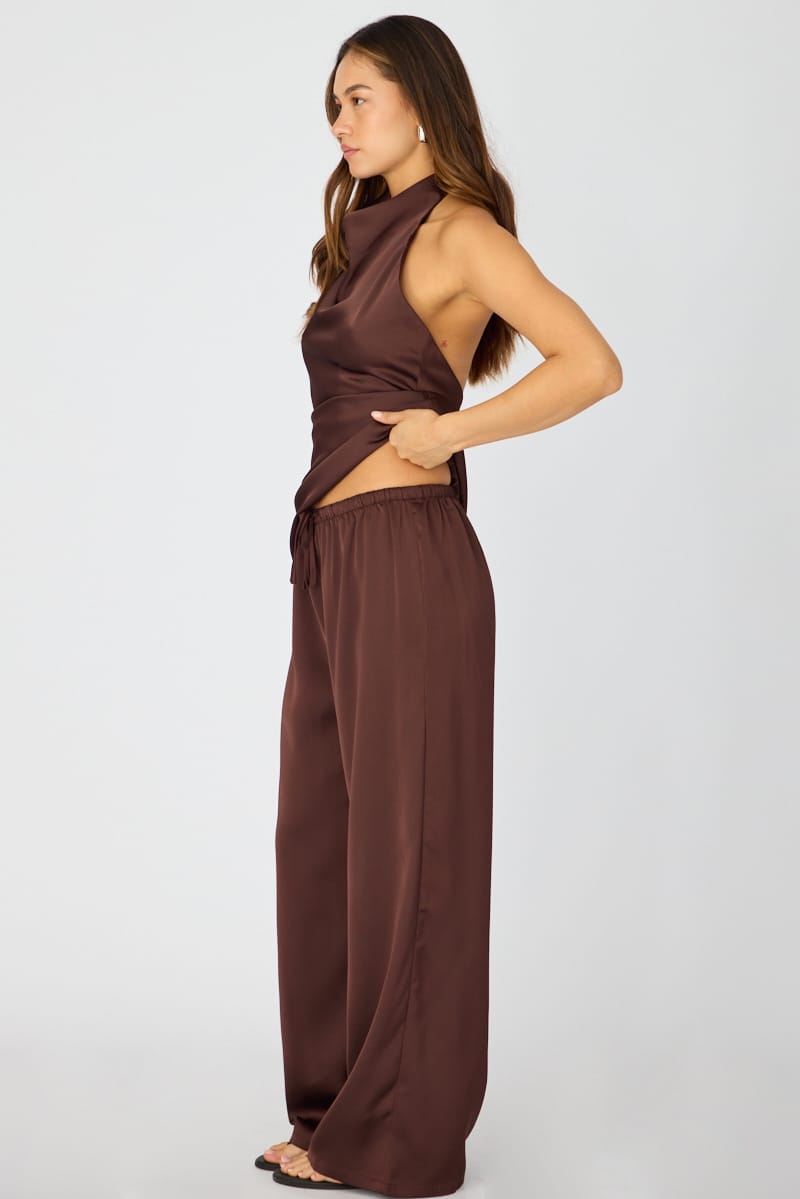 Brown Wide Leg Pants Elasticated Waist Satin for Ally Fashion