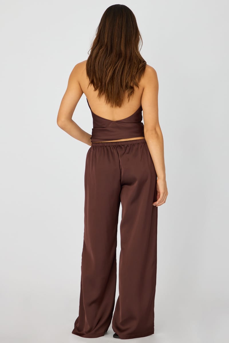 Brown Wide Leg Pants Elasticated Waist Satin for Ally Fashion