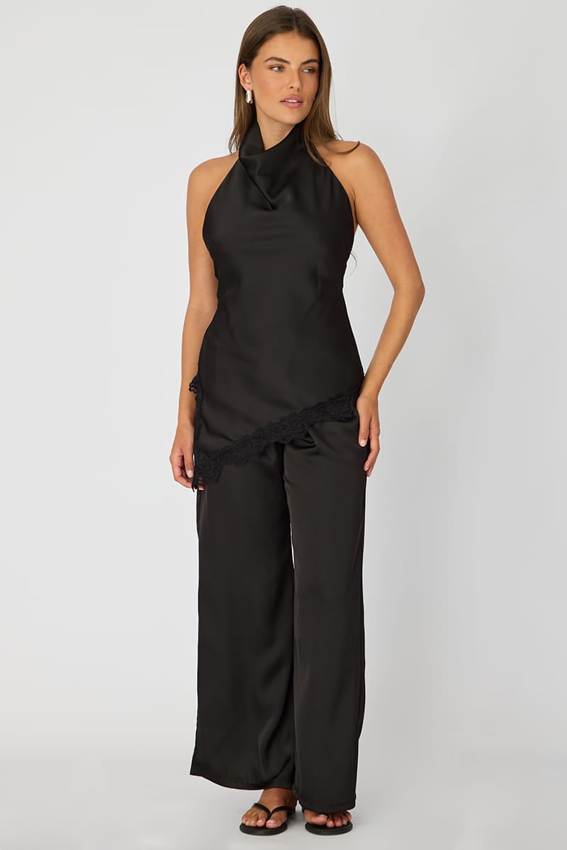 Black Wide Leg Pants Elasticated Waist Satin for Ally Fashion