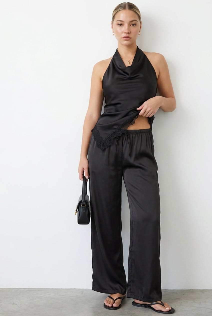 Black Wide-Leg Pants Elasticated-Waist Satin from Ally Fashion
