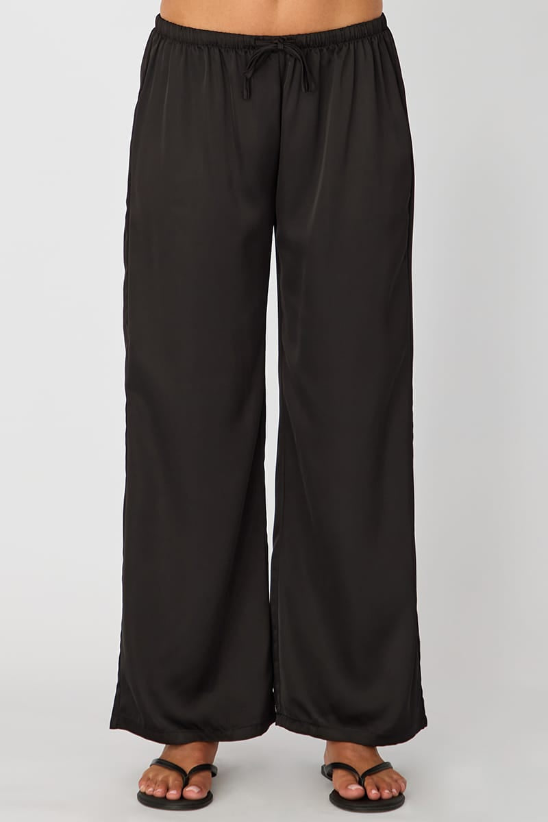Black Wide Leg Pants Elasticated Waist Satin for Ally Fashion
