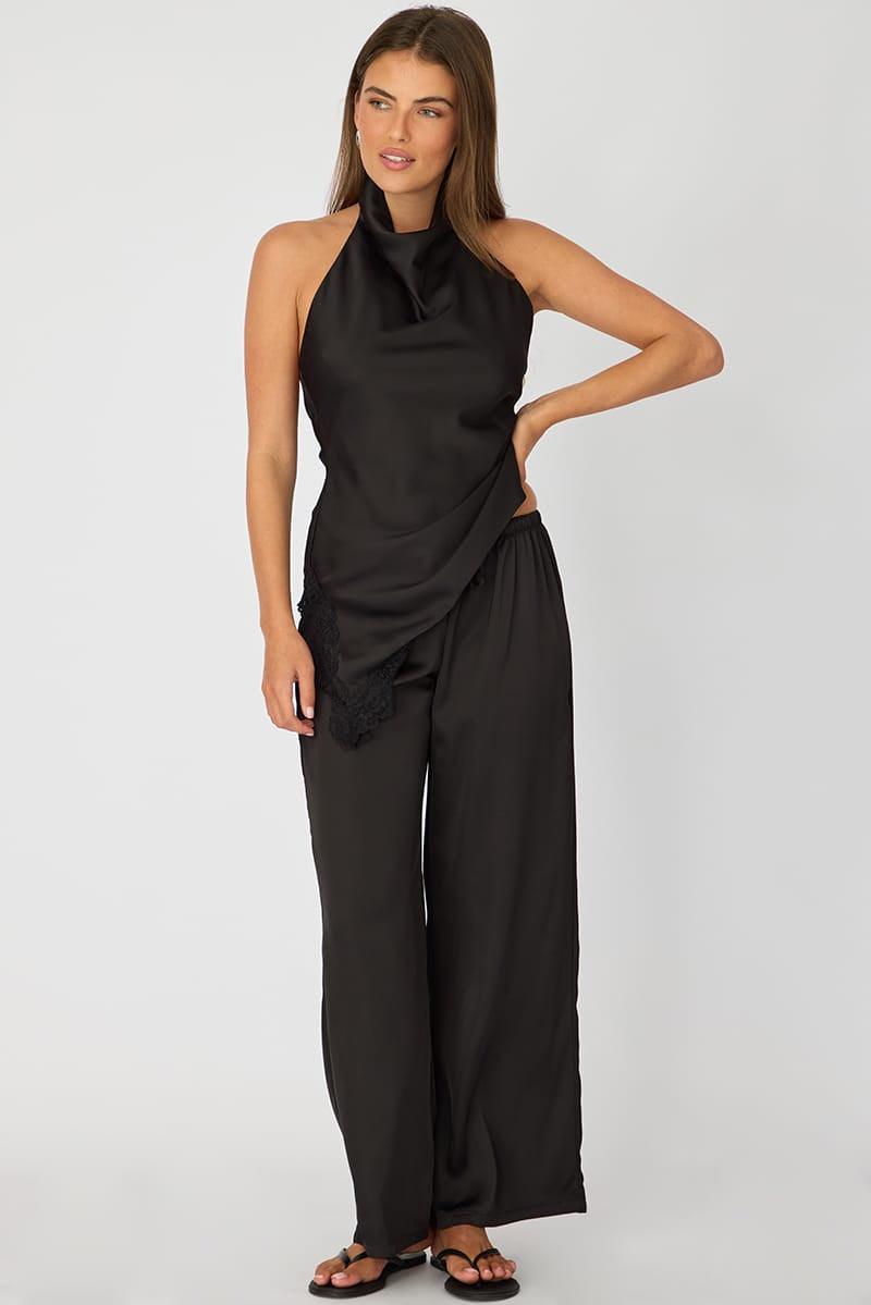 Black Wide Leg Pants Elasticated Waist Satin for Ally Fashion