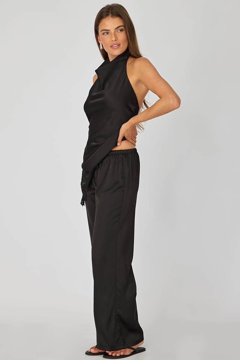 Black Wide Leg Pants Elasticated Waist Satin for Ally Fashion