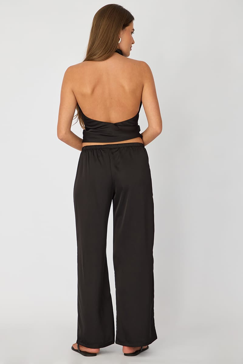 Black Wide Leg Pants Elasticated Waist Satin for Ally Fashion