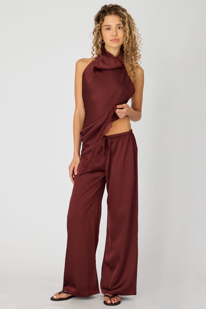 Purple Wide Leg Pants Elasticated Waist Satin for Ally Fashion