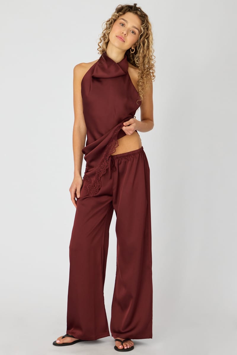 Purple Wide Leg Pants Elasticated Waist Satin for Ally Fashion