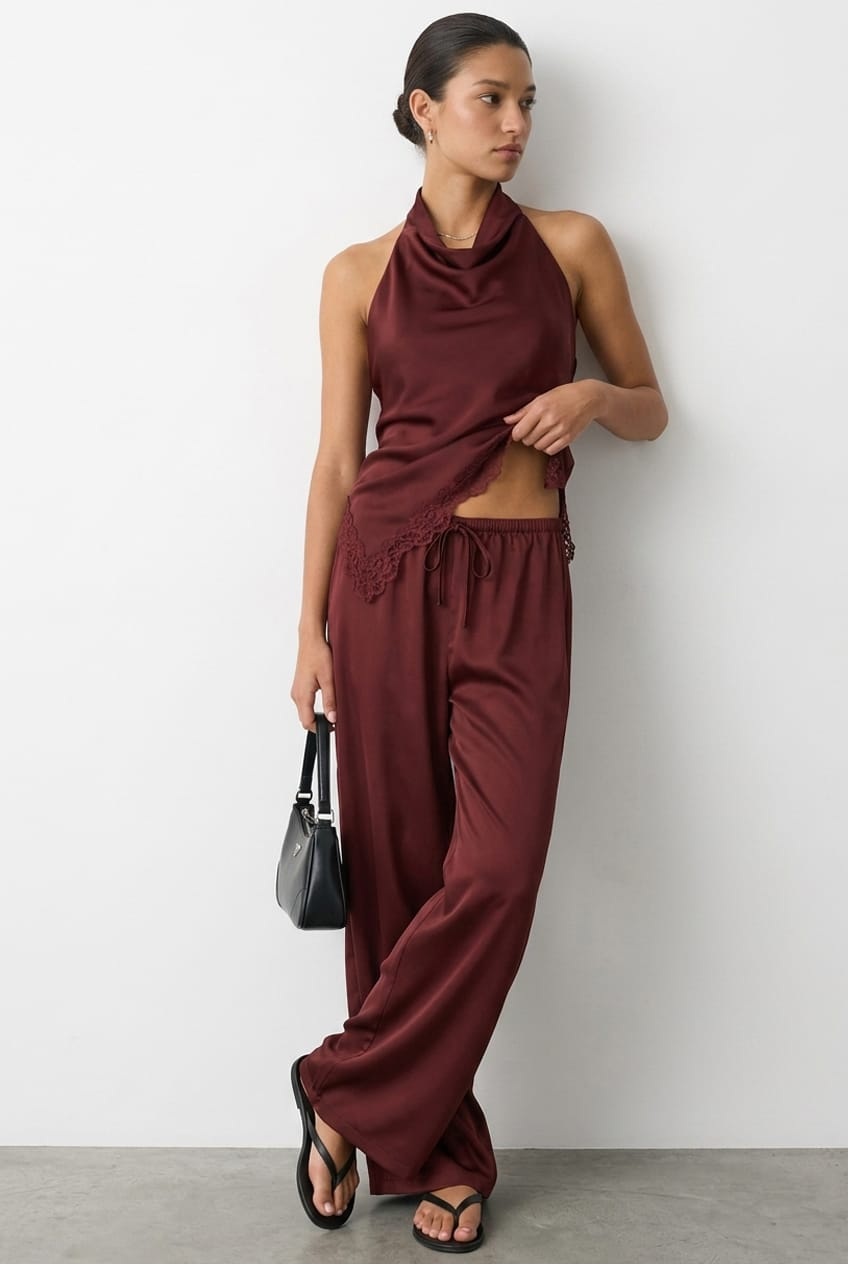 Burgundy Wide Leg Pants Elasticated Waist Satin for Ally Fashion