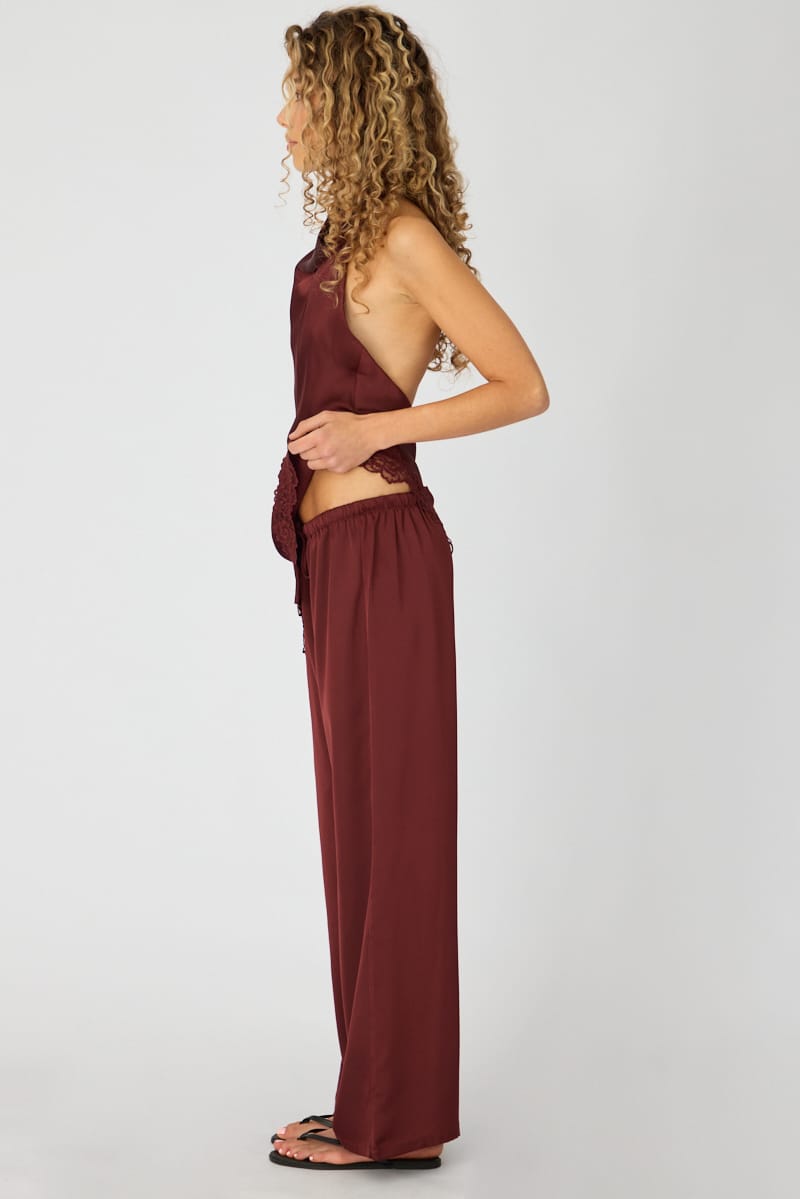 Purple Wide Leg Pants Elasticated Waist Satin for Ally Fashion